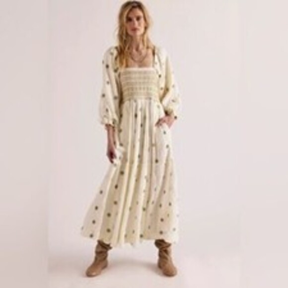 Free People Dahlia Maxi Dress Cream/Green Floral Embroidered 3/4 Puff Sleeves M - Picture 11 of 11
